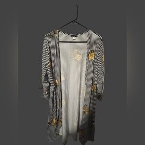 Striped Floral Duster Kimono - Black, White & Mustard Yellow